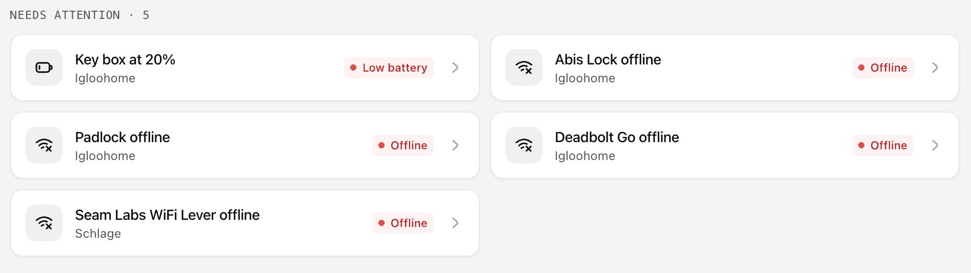 Needs attention grid surfacing low-battery and offline devices across all properties