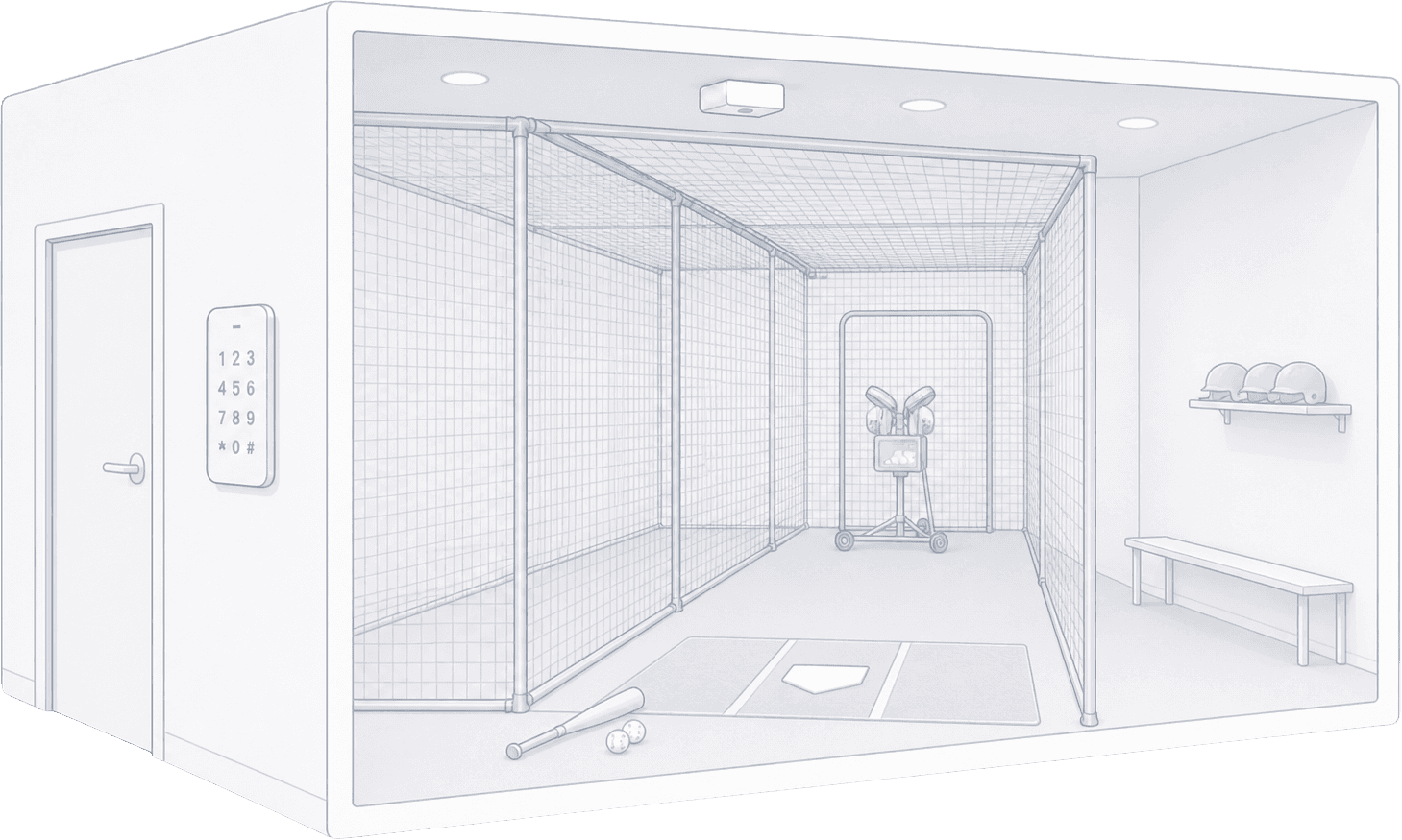 Illustration of an indoor batting cage with smart-lock entry and a tablet showing automated booking-based access codes being issued to a player