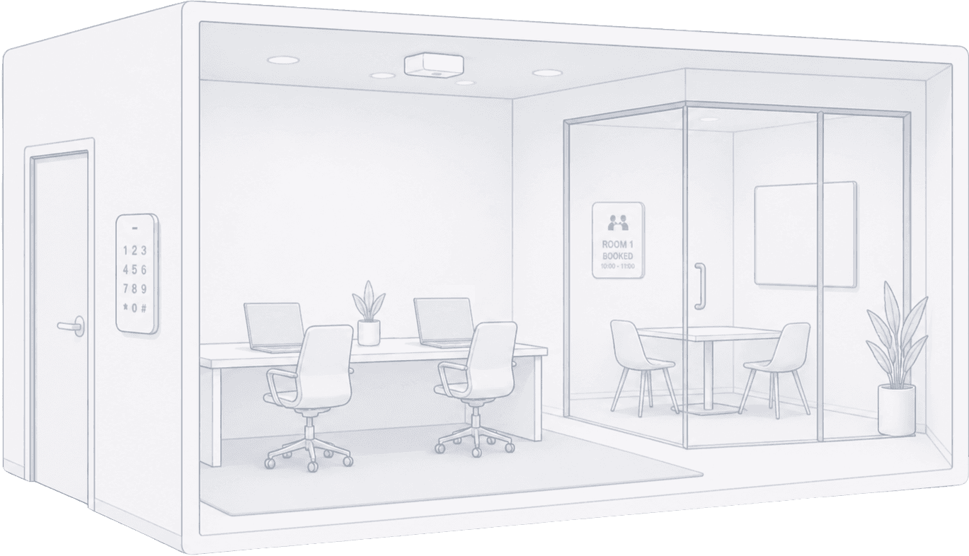 Illustration of a coworking space with smart-lock doors and a tablet showing automated member and booking-based access being granted