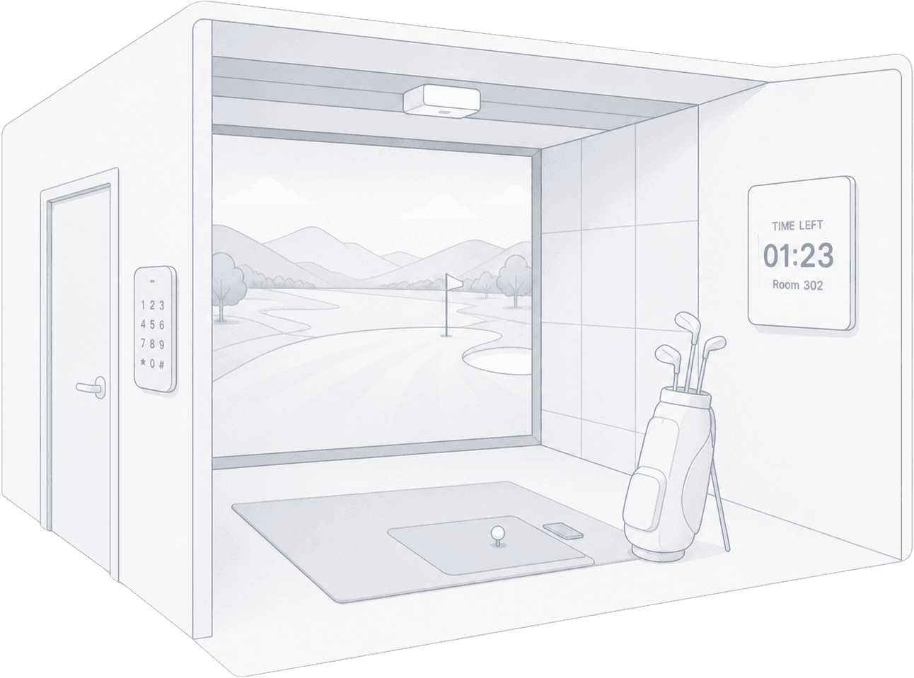 Illustration of a golf simulator room with a keypad-lock door, simulator screen, and a wall-mounted access panel showing time remaining