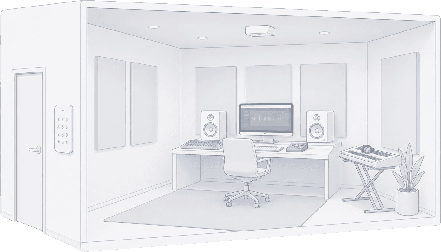 Illustration of a music recording booth with a microphone, soundproof walls, and a smart lock at the door showing access scheduled for the booked session