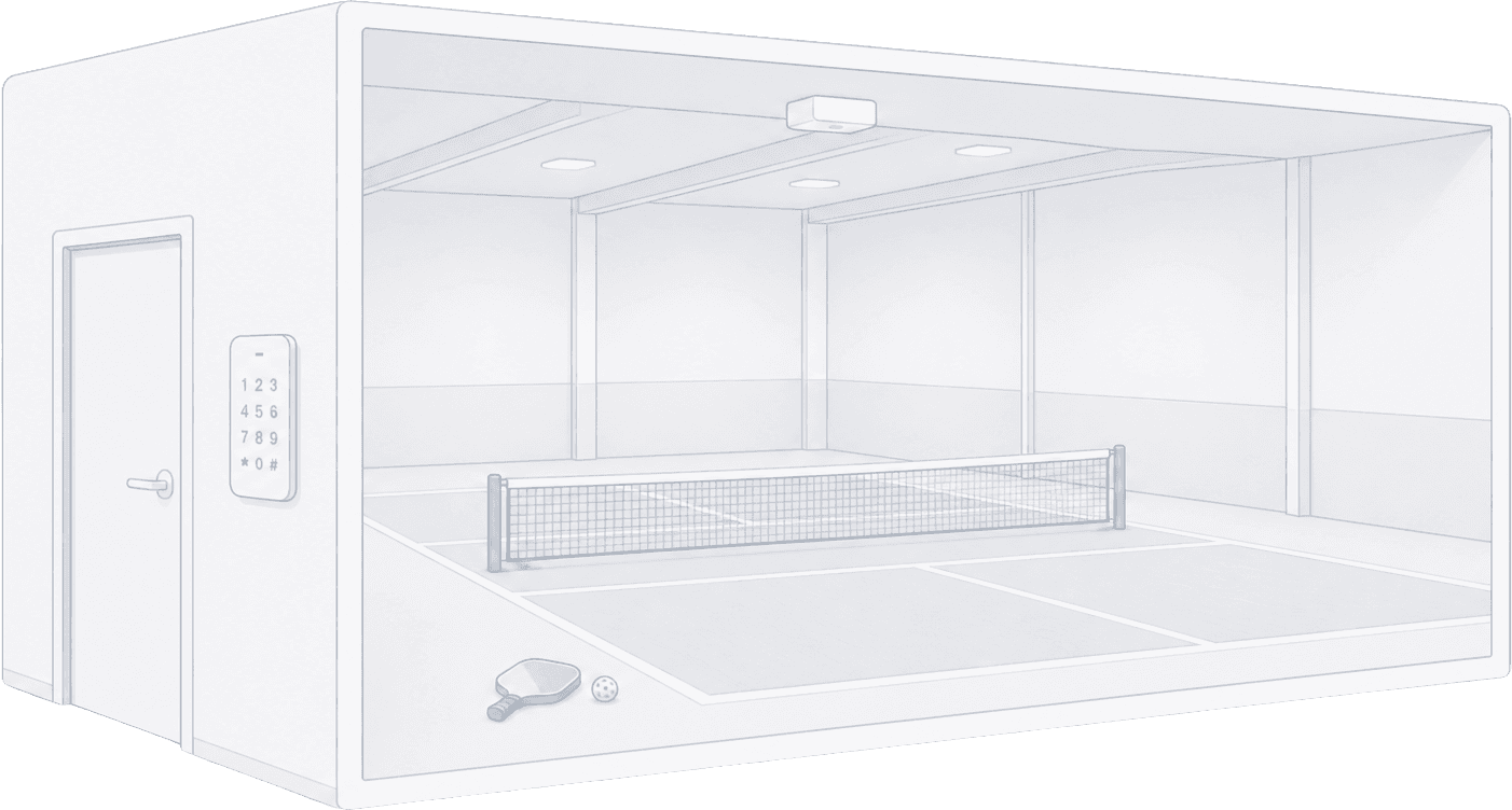 Illustration of an outdoor pickleball court with a smart-lock gate and a wall-mounted access panel showing access scheduled during the booked time slot