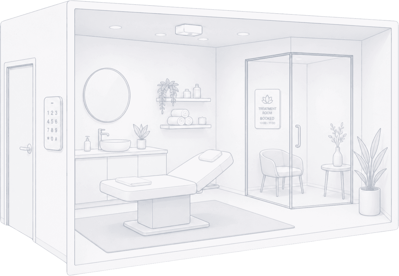 Illustration of a salon treatment room with smart-lock door and a tablet showing automated booking-based access being granted to a practitioner