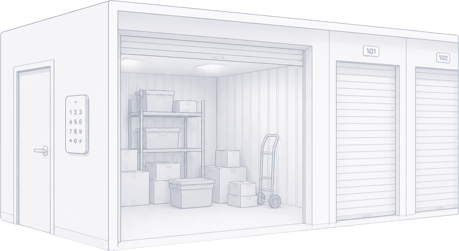 Illustration of a self-storage facility with smart-lock unit doors and a tablet showing automated booking-based access codes being issued to a renter