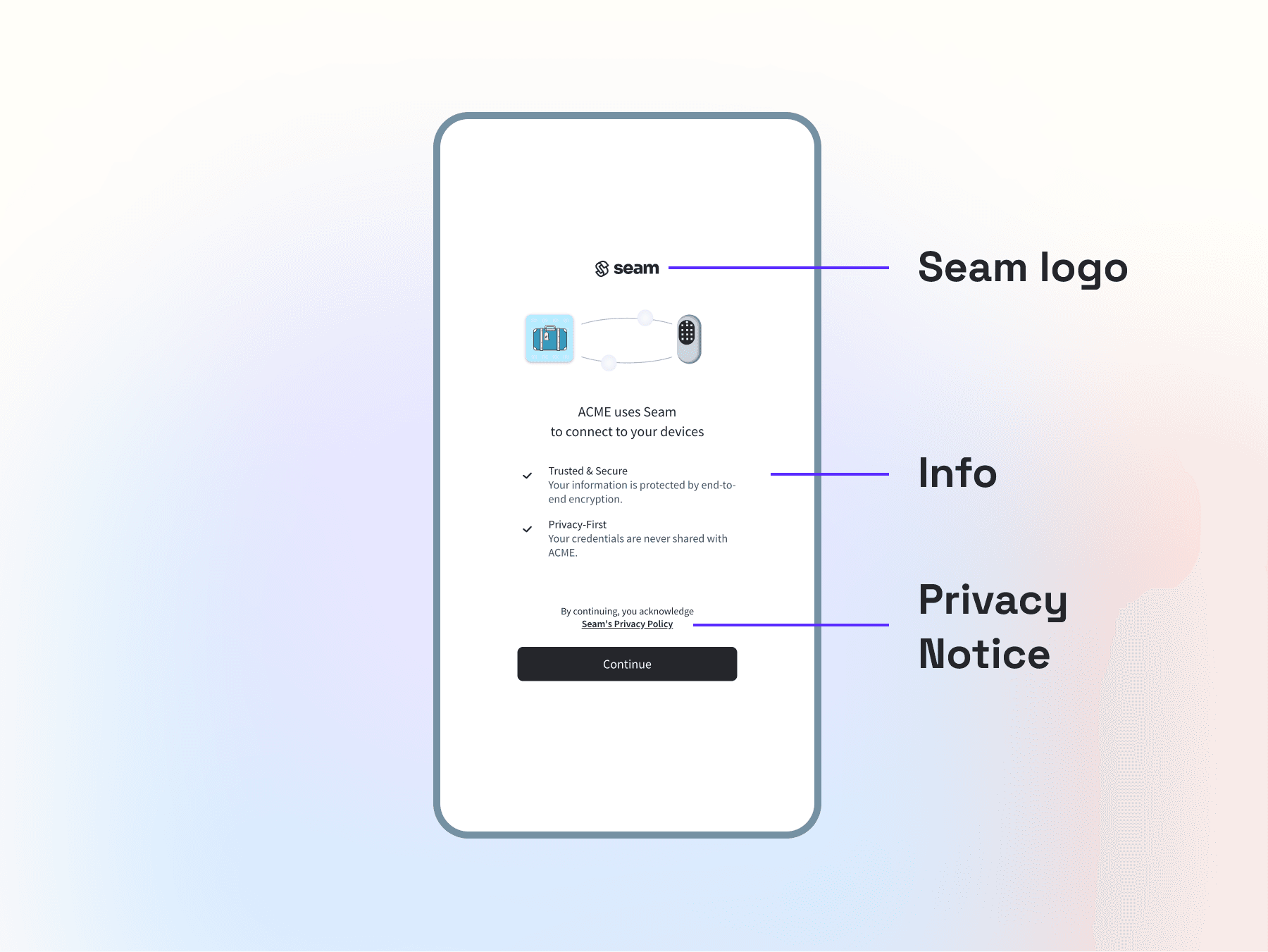 Illustrated explanation of the initial Connect Webview screen for Seam
