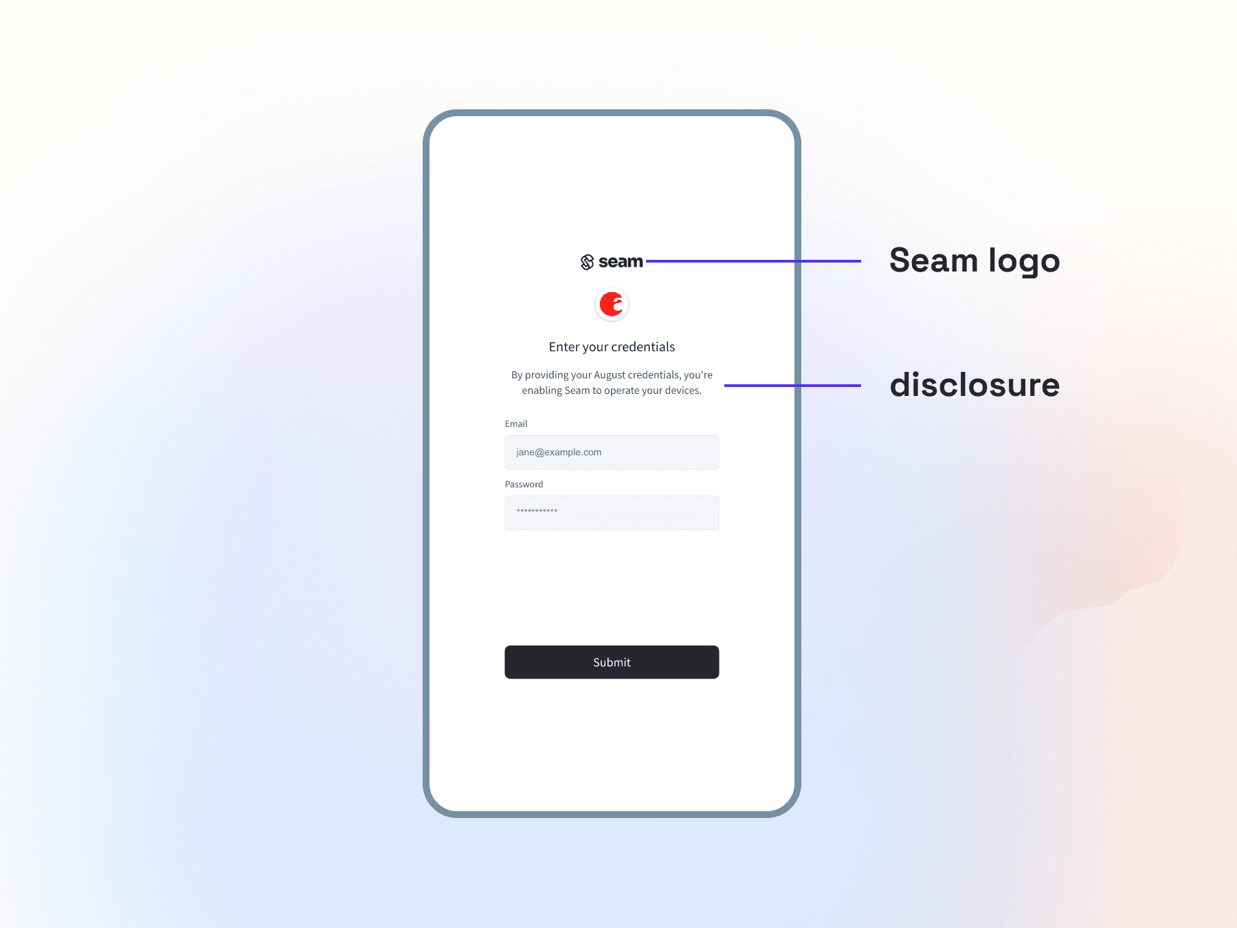 Illustrated explanation of the manufacturer login screen for Seam