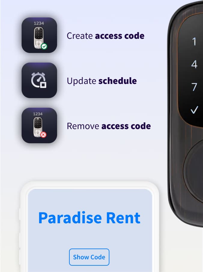 Icons of user creation, credentials creation and access configuration as well as an image of a smart lock and an app showing how Seam helps you create features to manage resident access