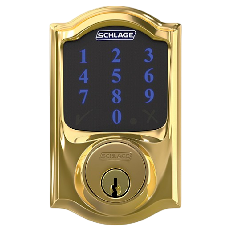 Square format logo of Connect Smart Deadbolt with alarm with Camelot trim, Z-wave enabled paired with Accent Lever with Camelot trim logo