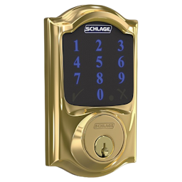 Square format logo of Connect Smart Deadbolt with Camelot trim, Z-wave enabled paired with Camelot Handleset and Accent Lever with Camelot trim