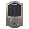 Front image of device Connect Smart Deadbolt with Camelot trim, Z-wave enabled paired with Camelot Handleset and Accent Lever with Camelot trim manufactured by Schlage