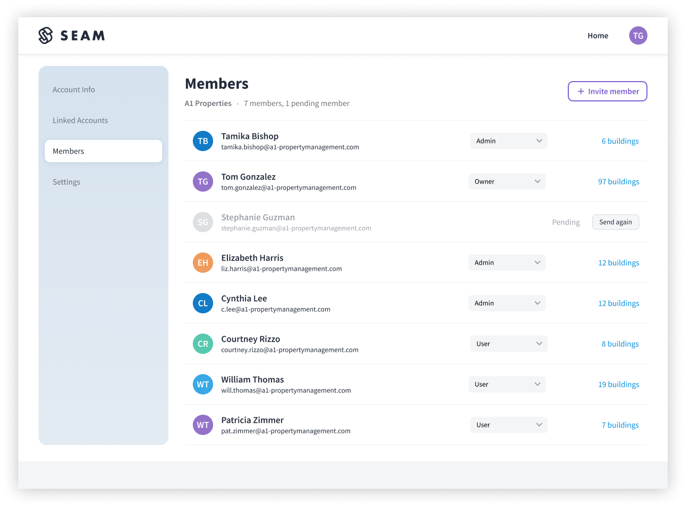 Seam Dashboard roles and permission management screen