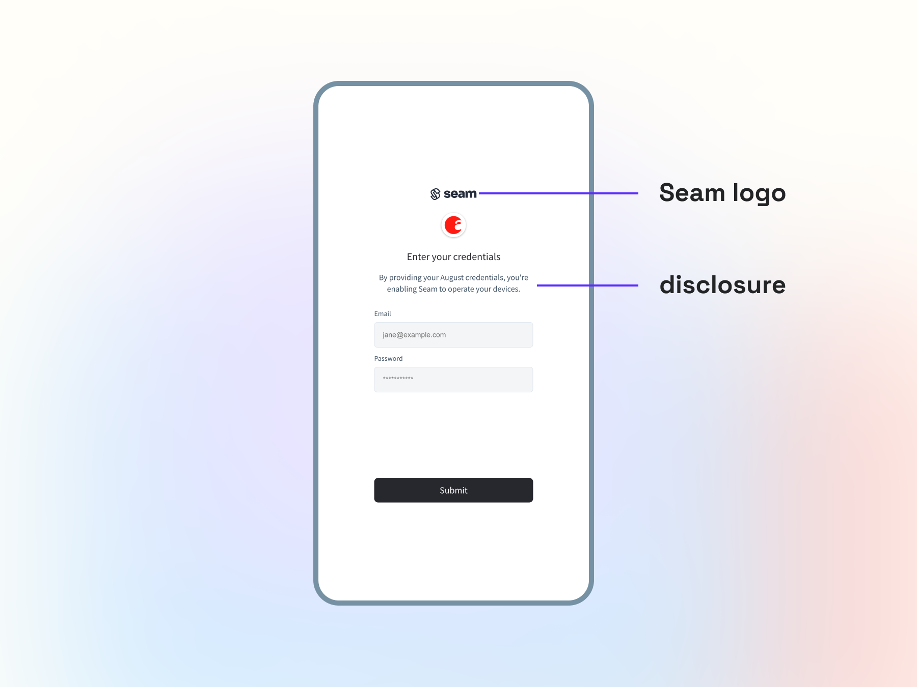 Illustrated explanation of the manufacturer login screen for Seam