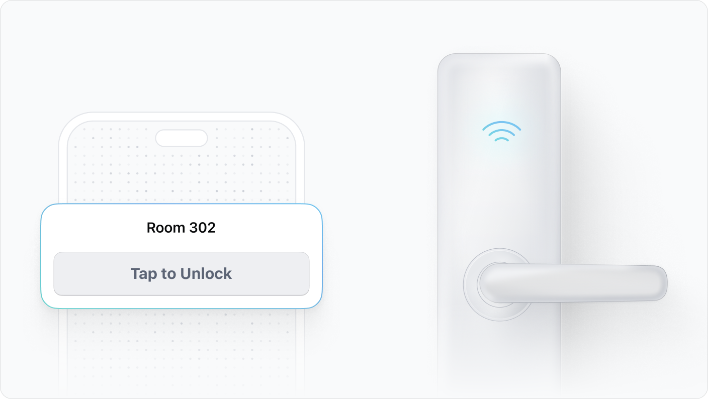 Phone interface offers a Tap to Unlock action for Room 302.