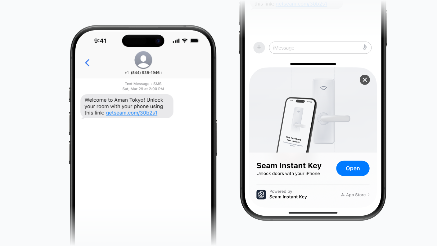Text message link opens a Seam Instant Key App Clip on an iPhone.