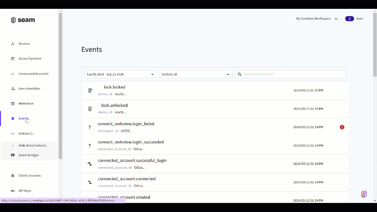 an animated gif of the Seam Console's event page showing how to filter events