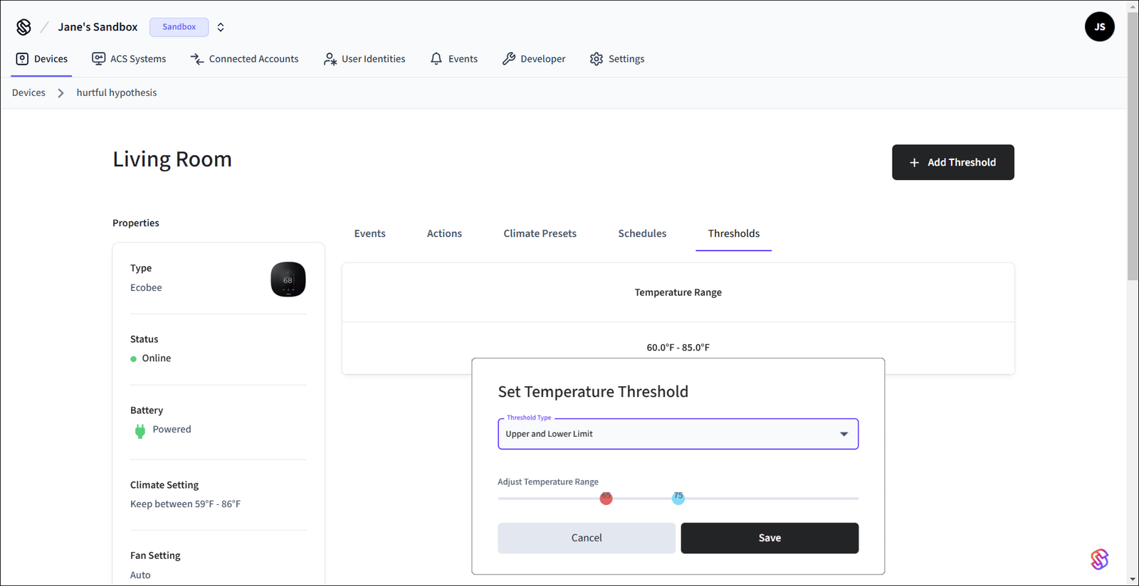 You can now set temperature thresholds using the Seam Console.