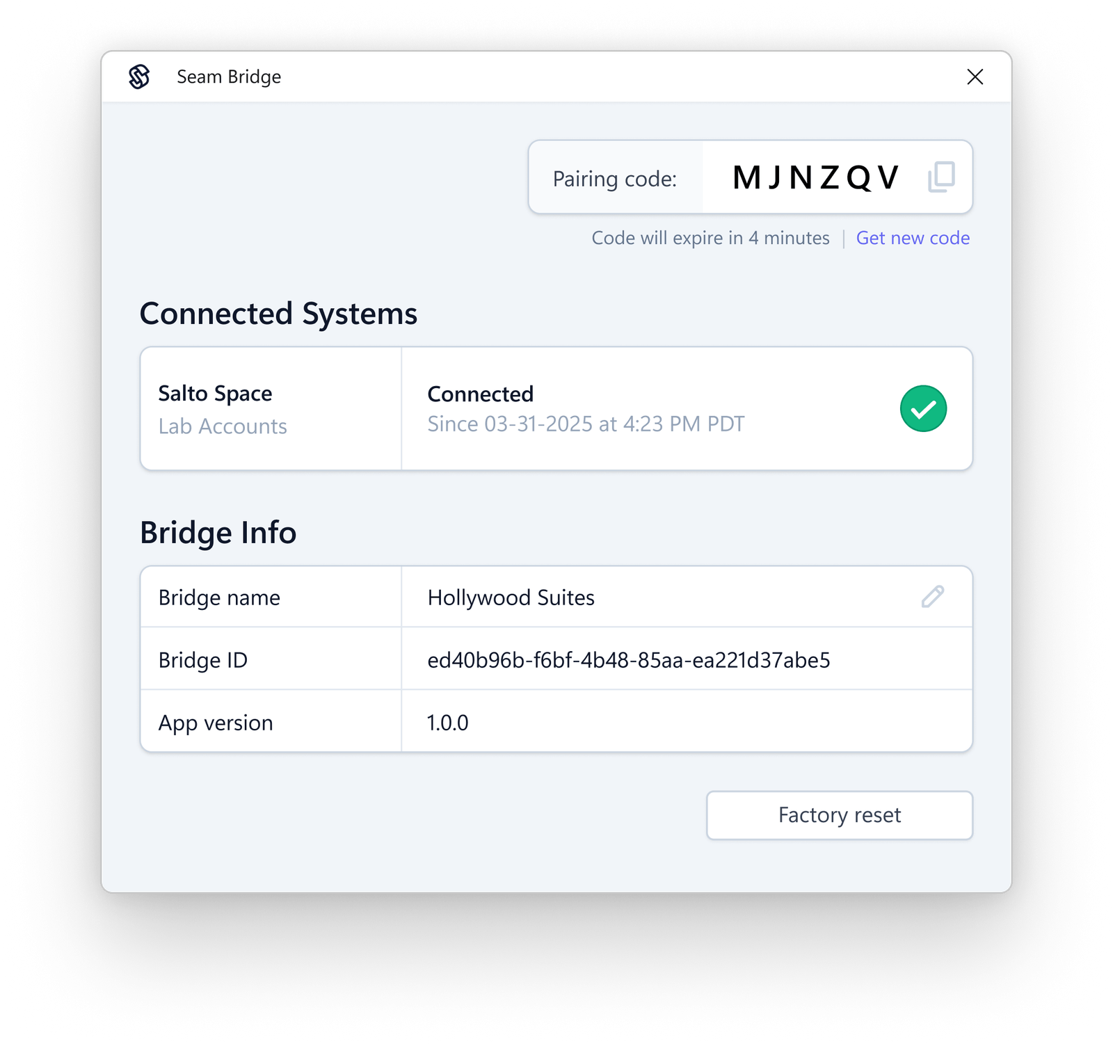 Seam Bridge displays the connection status and any errors.