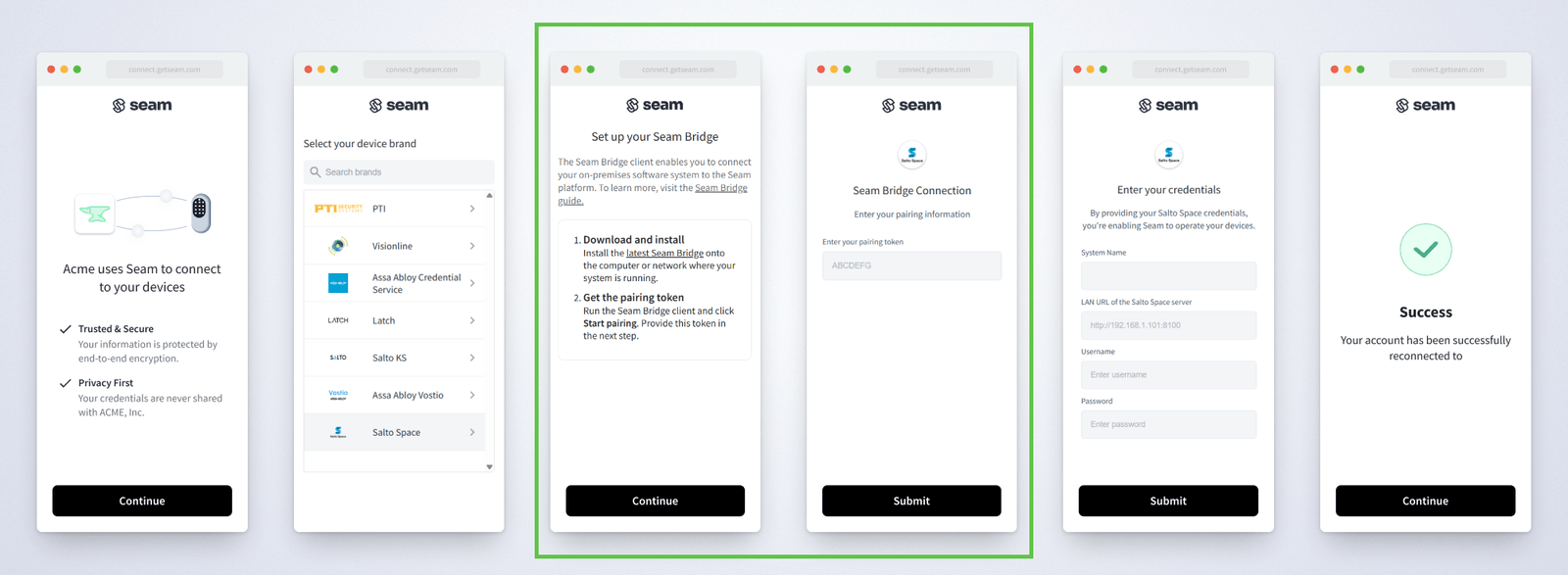 The Seam Connect Webview flow for connecting your access system also walks you through the process of setting up Seam Bridge.