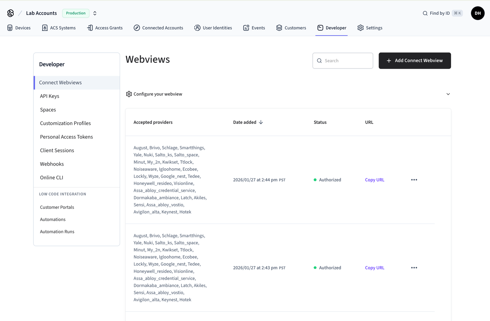 Image of the Developer Connect Webviews screen showing a list of webviews and their authorization status.